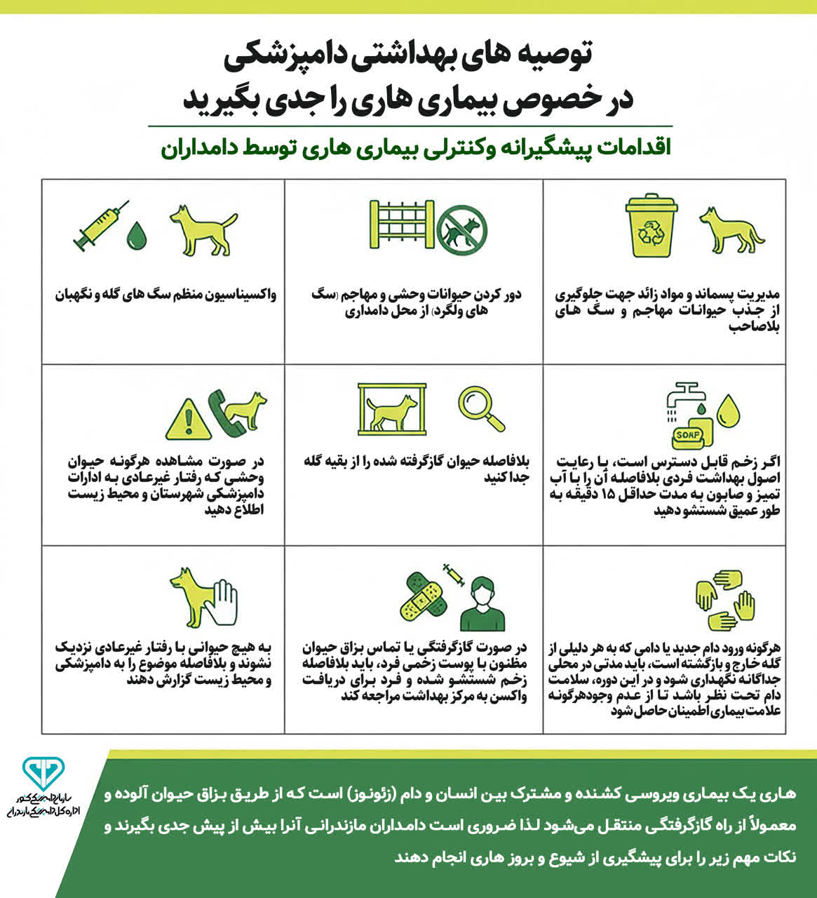 توصیه های بهداشتی دامپزشکی در خصوص بیماری هاری 